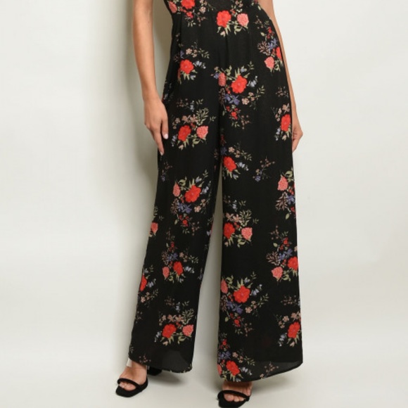 Black & Gold Floral Wide Leg Romper Jumpsuit L - Picture 3 of 3